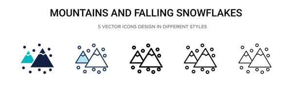 Горы Падающие Снежинки Икона Заполненной Тонкой Линии Очертания Стиль Штриха — стоковый вектор