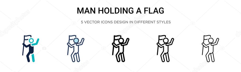 Man holding a flag icon in filled, thin line, outline and stroke style. Vector illustration of two colored and black man holding a flag vector icons designs can be used for mobile, ui, web