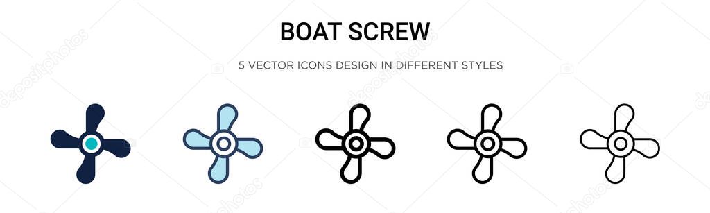 Boat screw icon in filled, thin line, outline and stroke style. Vector illustration of two colored and black boat screw vector icons designs can be used for mobile, ui, web