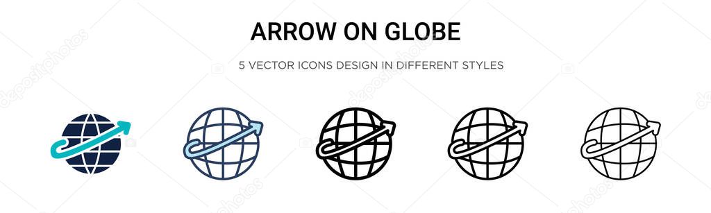 Arrow on globe icon in filled, thin line, outline and stroke style. Vector illustration of two colored and black arrow on globe vector icons designs can be used for mobile, ui, web