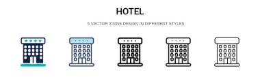 Otel ikonu, ince çizgi, özet ve vuruş stili. Mobil, ui, web için iki renkli ve siyah otel vektör ikonu tasarımı vektör illüstrasyonu kullanılabilir
