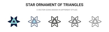 Üçgen ikonunun yıldız süslemesi. Dopdolu, ince çizgi, dış hat ve vuruş stili. Üçgen vektör simgelerinin iki renkli ve siyah yıldız süslemesi mobil tasarım için kullanılabilir,