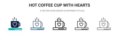Sıcak kahve fincanı, kalp ikonu dolu, ince çizgi, taslak ve vuruş stili. İki renkli ve siyah kahve fincanının vektör çizimi kalp vektör simgeleri ile mobil tasarım için kullanılabilir,