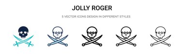 Jolly Roger ikonu doldurulmuş, ince çizgi, özet ve vuruş stili. Mobil, ui, web için iki renkli ve siyah Jolly Roger vektör ikonu tasarımı vektör illüstrasyonu kullanılabilir