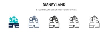 Disneyland ikonu dolu, ince çizgi, özet ve vuruş stili. Mobil, ui, web için iki renkli ve siyah Disneyland vektör ikonu tasarımı vektör illüstrasyonu kullanılabilir