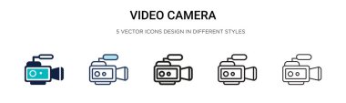 Video kamera simgesi doldurulmuş, ince çizgi, özet ve vuruş stili. Mobil, ui, web için iki renkli ve siyah video kamera vektör ikonu tasarımı vektör illüstrasyonu kullanılabilir