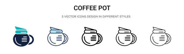 Coffee pot icon in filled, thin line, outline and stroke style. Vector illustration of two colored and black coffee pot vector icons designs can be used for mobile, ui, web