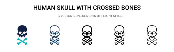 Человеческий Череп Скрещенными Костями Иконкой Заполненной Тонкой Линии Контуре Стиле — стоковый вектор