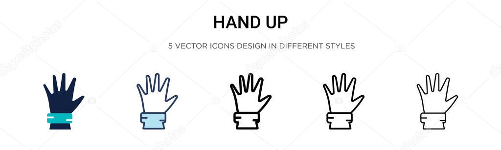 Hand up icon in filled, thin line, outline and stroke style. Vector illustration of two colored and black hand up vector icons designs can be used for mobile, ui, web