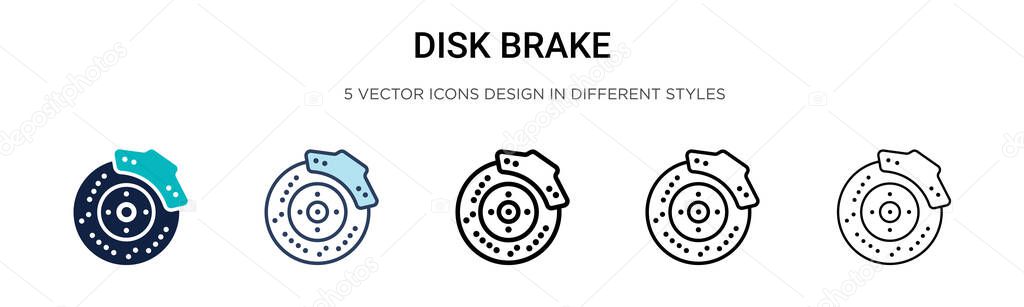 Disk brake icon in filled, thin line, outline and stroke style. Vector illustration of two colored and black disk brake vector icons designs can be used for mobile, ui, web