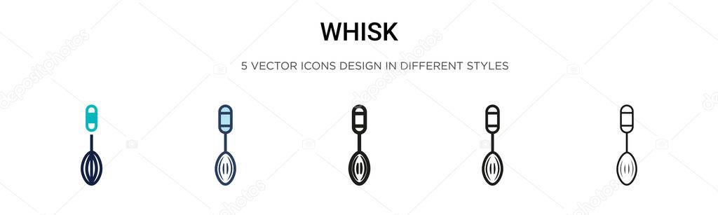 Whisk icon in filled, thin line, outline and stroke style. Vector illustration of two colored and black whisk vector icons designs can be used for mobile, ui, web