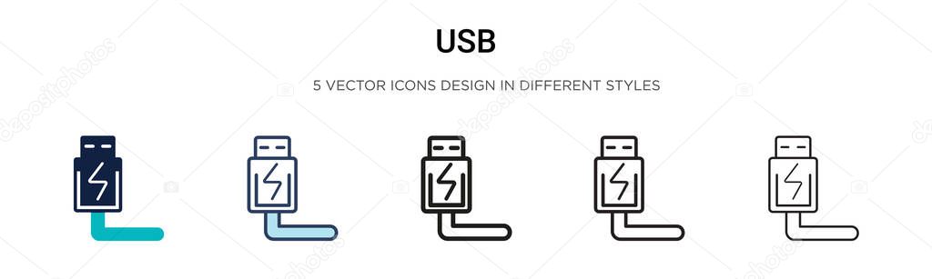 Usb icon in filled, thin line, outline and stroke style. Vector illustration of two colored and black usb vector icons designs can be used for mobile, ui, web