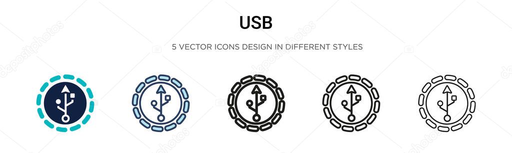 Usb icon in filled, thin line, outline and stroke style. Vector illustration of two colored and black usb vector icons designs can be used for mobile, ui, web