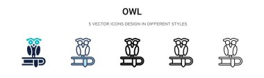 Baykuş ikonu doldurulmuş, ince çizgi, ana hatlar ve vuruş stili. Mobil, ui, web için iki renkli ve siyah baykuş vektör simgesi tasarımı vektör illüstrasyonu kullanılabilir