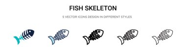 Balık iskeleti simgesi doldurulmuş, ince çizgi, ana hatlar ve vuruş stili. Mobil, ui, web için iki renkli ve siyah balık iskelet vektör simgesinin vektör çizimi kullanılabilir