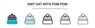 İçinde ponpon ikonu olan örgü bir şapka, ince çizgi, taslak ve vuruş stili. Pom pon vektör simgeli iki renkli ve siyah örgü şapkanın vektör çizimi mobil, ui, web için kullanılabilir