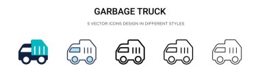 Çöp kamyonu simgesi dolu, ince çizgi, özet ve vuruş stili. Mobil, ui, web için iki renkli ve siyah çöp kamyonu vektör ikonu tasarımının vektör çizimi kullanılabilir
