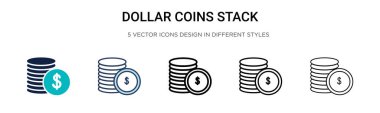 Dolarlık madeni paralar doldurulmuş, ince çizgi halinde, ana hatlar ve vuruş stiliyle istiflenir. İki renkli ve siyah doların vektör illüstrasyonu yığın vektör simgeleri mobil, ui, web için kullanılabilir