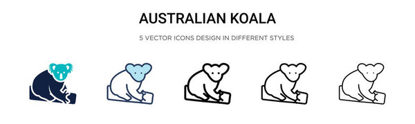 Австралийская икона коалы в тоненькой линии, контуре и стиле штрихов. Векторная иллюстрация двух цветных и черного векторных рисунков коалы может быть использована в мобильных устройствах, ui, web