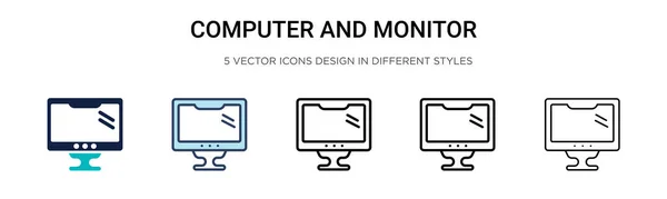 컴퓨터와 모니터 아이콘은 스트로크 스타일로 채워져 컴퓨터의 삽화와 아이콘 디자인을 — 스톡 벡터