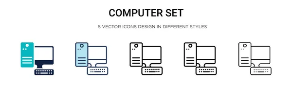 Icono Conjunto Computadora Línea Llena Delgada Contorno Estilo Trazo Ilustración — Archivo Imágenes Vectoriales