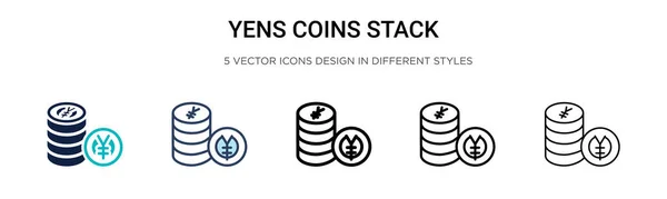 Yens Coins Pile Icône Rempli Ligne Mince Contour Style Course — Image vectorielle