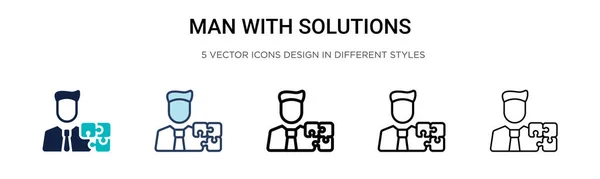 Mann Mit Lösungssymbol Gefüllter Dünner Linie Umriss Und Strichstil Vektor — Stockvektor