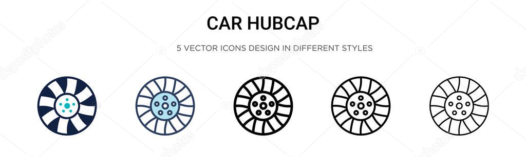 Car hubcap icon in filled, thin line, outline and stroke style. Vector illustration of two colored and black car hubcap vector icons designs can be used for mobile, ui, web