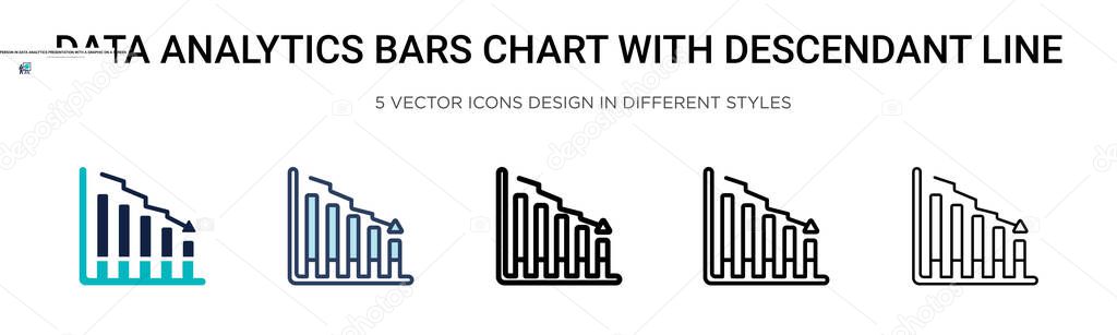 Data analytics bars chart with descendant line icon in filled, thin line, outline and stroke style. Vector illustration of two colored and black data analytics bars chart with descendant line vector