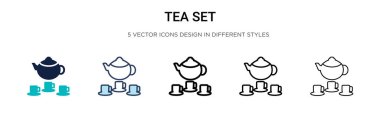 Çay seti simgesi dolu, ince çizgi, özet ve vuruş stili. Mobil, ui, web için iki renkli ve siyah çay seti vektör dizaynı tasarımı vektör illüstrasyonu kullanılabilir