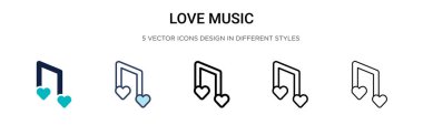 Aşk ikonu dolu, ince çizgi, ana hatlar ve vuruş stili. Mobil, ui, web için iki renkli ve siyah aşk müzik vektör simgesi tasarımı vektör illüstrasyonu kullanılabilir