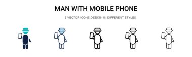 Cep telefonu simgesi dolu, ince çizgili, taslak ve vuruş stili olan bir adam. Cep telefonu vektör simgelerine sahip iki renkli ve siyah adamın vektör illüstrasyonu cep telefonu, ui, web için kullanılabilir