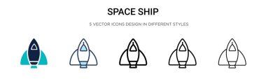 Uzay gemisi simgesi doldurulmuş, ince çizgi, ana hatlar ve vuruş stili. Mobil, ui, web için iki renkli ve siyah uzay vektör ikonu tasarımının vektör illüstrasyonu kullanılabilir