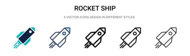Roket gemisi simgesi dolu, ince çizgi, ana hatlar ve vuruş stili. Mobil, ui, web için iki renkli ve siyah roket vektör ikonu tasarımı vektör illüstrasyonu kullanılabilir
