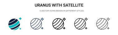 Uydu ikonlu Uranüs. İnce çizgi, ana hatlar ve vuruş stili. Uydu vektör simgelerine sahip iki renkli ve siyah uranüsün vektör illüstrasyonu mobil, ui, web için kullanılabilir
