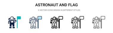 Astronot ve bayrak ikonu dolu, ince çizgi, özet ve vuruş stili. Mobil, ui, web için iki renkli ve siyah astronot ve bayrak vektör ikonu tasarımı vektör illüstrasyonu kullanılabilir