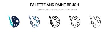 Palet ve boya fırçası ikonu dolu, ince çizgi, özet ve vuruş stili. Mobil, ui, web için iki renkli ve siyah palet ve boya fırçası vektör ikonu tasarımı vektör illüstrasyonu kullanılabilir