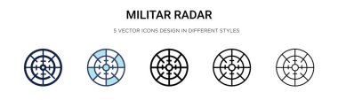Askeri radar ikonu dolu, ince çizgi, özet ve vuruş stili. Mobil, ui, web için iki renkli ve siyah militar radar vektör ikonu tasarımı vektör illüstrasyonu kullanılabilir