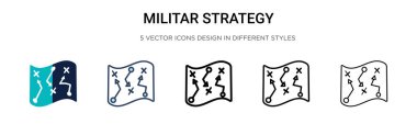 Askeri strateji ikonu. İnce çizgi, özet ve vuruş stili. Mobil, ui, web için iki renkli ve siyah militar strateji vektör ikonu tasarımı vektör illüstrasyonu kullanılabilir