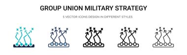Grup sendikası askeri strateji sembolü. Dopdolu, ince çizgi, özet ve vuruş stili. İki renkli ve siyah grup birliği askeri strateji sembolü vektör çizimi