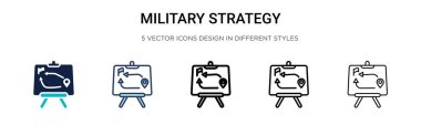 Askeri strateji ikonu. İnce çizgi, özet ve vuruş stili. İki renkli ve siyah askeri strateji vektör ikonu tasarımı mobil, ui, web için kullanılabilir