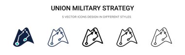 Birlik askeri strateji ikonu. İnce çizgi, özet ve vuruş stili. Mobil, ui, web için iki renkli ve siyah birleşik askeri strateji vektör ikonu tasarımı vektör illüstrasyonu kullanılabilir