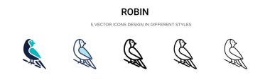 Robin ikonu dolu, ince çizgi, özet ve vuruş stili. Mobil, ui, web için iki renkli ve siyah Robin vektör ikonu tasarımı vektör illüstrasyonu kullanılabilir