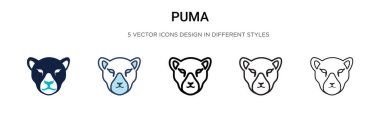 Puma simgesi doldurulmuş, ince çizgi, özet ve vuruş stili. Mobil, ui, web için iki renkli ve siyah puma vektör simgesinin vektör çizimi kullanılabilir
