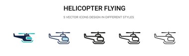 Helikopterle uçan ikon dolu, ince çizgi, ana hatlar ve vuruş stili. İki renkli ve siyah helikopter uçuş vektör simgesi tasarımı mobil, ui, web için kullanılabilir