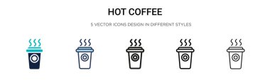 Sıcak kahve ikonu, ince çizgi, özet ve vuruş stili. Mobil, ui, web için iki renkli ve siyah kahve vektör ikonu tasarımı vektör illüstrasyonu kullanılabilir
