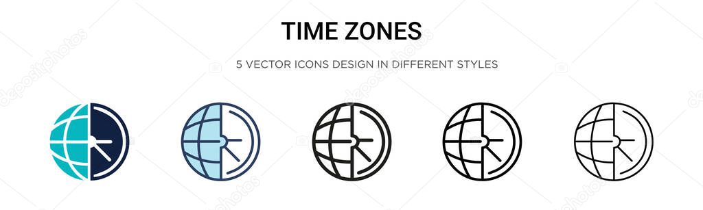 Time zones icon in filled, thin line, outline and stroke style. Vector illustration of two colored and black time zones vector icons designs can be used for mobile, ui, web