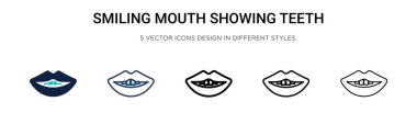 Gülümseyen ağız, dolgun diş simgesini, ince çizgiyi, ana hatları ve vuruş stilini gösteriyor. İki renkli ve siyah gülümseyen ağız vektör illüstrasyonu diş vektör simgelerini gezici tasarım için kullanılabilir,