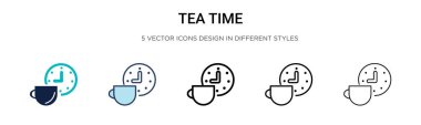 Çay saati ikonu, ince çizgi, özet ve vuruş stili. Mobil, ui, web için iki renkli ve siyah çay zaman vektör ikonu tasarımının vektör illüstrasyonu kullanılabilir
