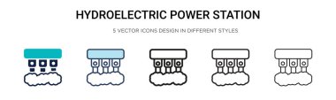 Hidroelektrik santrali simgesi dolu, ince çizgi, ana hat ve vuruş stili. İki renkli ve siyah hidroelektrik güç istasyonu vektör simgesinin vektör illüstrasyonu mobil tasarım için kullanılabilir,